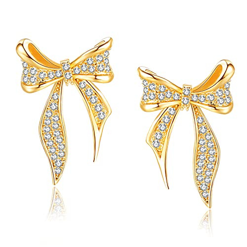 MoonMoon Bow Stud Earrings for Women and girls 18K Gold Plated Cubic zirconia Gold Girls Fashion Jewelry MoonMoon Bow Stud Earrings for Women and girls 18K Gold Plated Cubic zirconia Gold Girls Fashion Jewelry