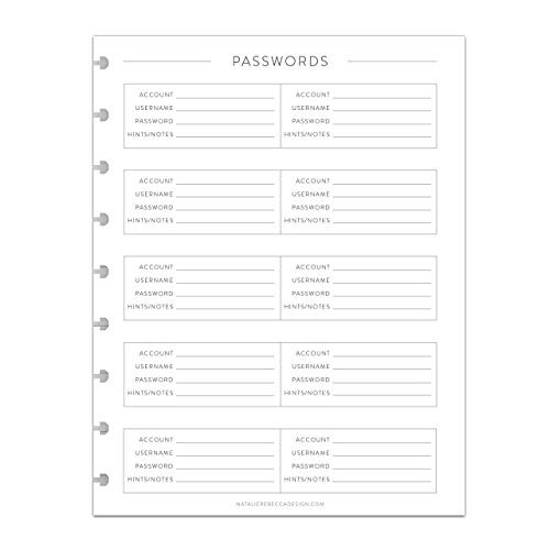 BetterNote Password Tracker for the Happy Planner Fits 9-Disc Customizable Notebook 7"x9.25" Classic -Planner Not Included-