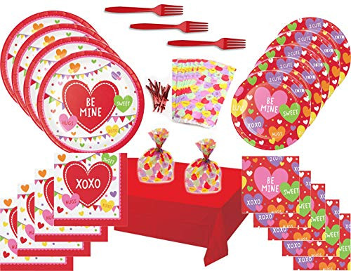 Valentines Day Hearts Mega Party Supply Bundle for 16 Guests - Includes Plates, Napkins, Tablecover, Forks and Treat Bags