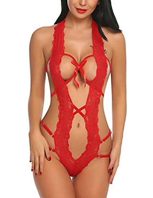 Avidlove Women Deep V Halter Lingerie Teddy One Piece Bodysuit Lace Babydoll -S Red- Avidlove Women Deep V Halter Lingerie Teddy One Piece Bodysuit Lace Babydoll -S Red-