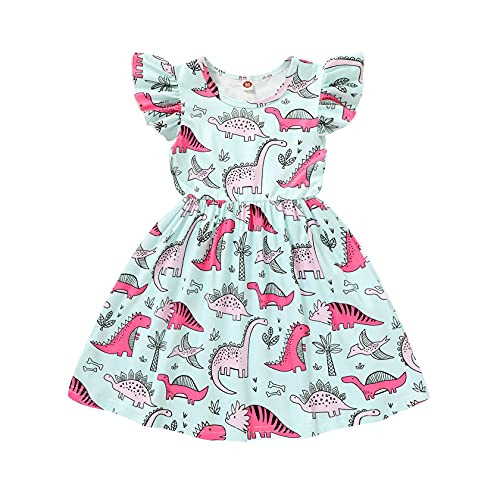 HAPPYMA Toddler Baby Girl Summer Dress Dinosaur Flutter Sleeve Dresses Outfits for Baby Girl Sundress Skirts Clothes -Pink Dinosaur Dress 18-24 Months-