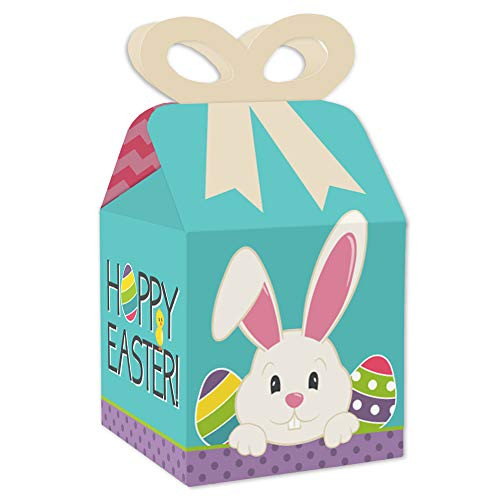 Big Dot of Happiness Hippity Hoppity - Square Favor Gift Boxes - Easter Bunny Party Bow Boxes - Set of 12