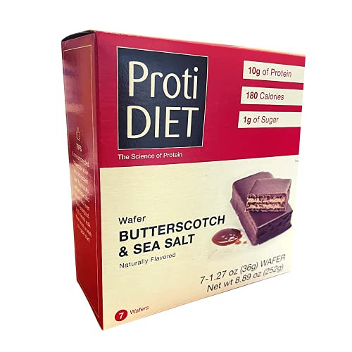 ProtiDiet - Protein Wafer Bars 10 Grams of Protein 180 Calories Low Sugar 7 Servings Per Box -Butterscotch  and  Sea Salt-
