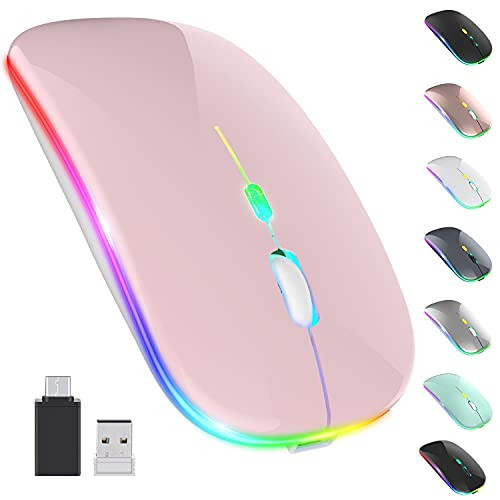 ?Upgrade? LED Wireless Mouse Slim Silent Mouse 2.4G Portable Mobile Optical Office Mouse with USB  and  Type-c Receiver 3 Adjustable DPI Levels for Notebook PC Laptop Computer MacBook -Pink-