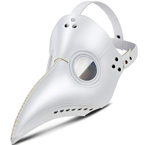Funseed Plague Doctor Bird Mask Leather Long Nose Beak Cosplay Steampunk Halloween Mask Costume Props -White-