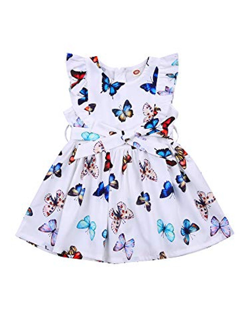 Toddler Baby Girl Outfits Sleeveless Dress Butterfly Print Ruffle Sundress Vintage Swing Kids Party Waistband Dress -White 6-7 Years-