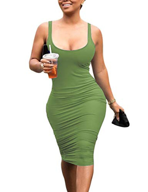 Mokoru Women's Casual Basic Pencil Tank Dress Sexy Sleeveless Bodycon Midi Club Dress X-Large Green