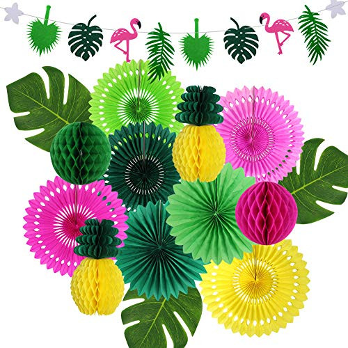Hawaiian Party Decorations Tropical Birthday Party Supplies Flamingo and Palm Leaves Banner Tissue Paper Fan Pineapple Honeycomb Ball for Summer Luau Bachelorette Party