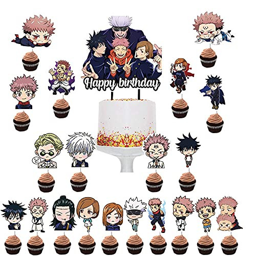 BVLFOOK 21pcs-Set Jujutsu Kaisen Cake Toppers Picks Cupcake Decoration Kids Birthday Party Supplies Gift