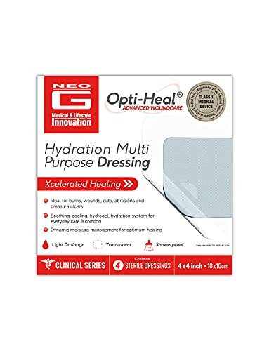 Neo G Opti-Heal Hydration Multi Purpose Dressing - Hydrogel Wound Dressing Pads for Advanced Wound Management - Ulcer Dressing Bed Sore Bandages Diabetic Wound Burn Dressing Gel 4 x 4-4 Pcs