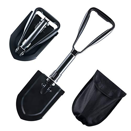 Folding Camping Military Shovel - High Carbon Steel Entrenching Tool Tri-fold Handle Portable Survival Shovel with Carry Case Black