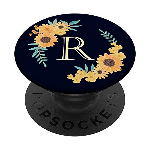 Monogram Initial Letter R - Yellow Sunflowers on Navy Blue PopSockets Grip and Stand for Phones and Tablets