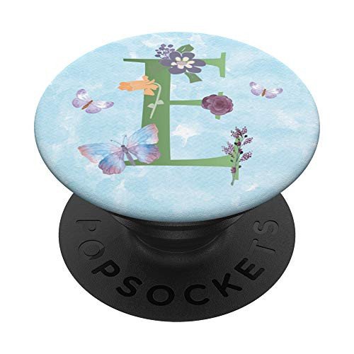 Initial Monogram Letter E Flowers Butterflies Cute Alphabet PopSockets Grip and Stand for Phones and Tablets