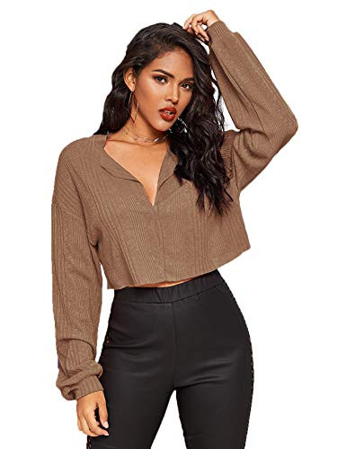 Romwe Women's Casual Rib Knit Long Sleeve V Neck Raw Hem Crop Tops Shirts -Medium Khaki-