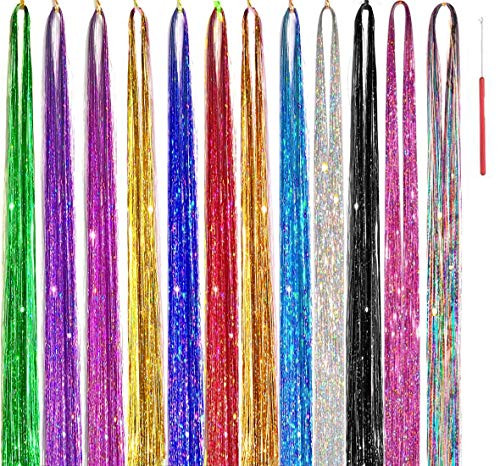 Hair Tinsel Kit 12 Colors 48 Inch Hair Tinsel Kit Strands With Tools  Fairy Hair Tinsel Heat Resistant Safe Sparkly Tinsel Hair Extensions-3600 Strands?