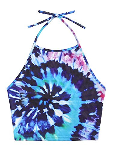 Romwe Women's Sexy Spiral Tie Dye Multicolor Print Backless Tie Halter Top Blue S