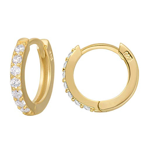 18K Gold Plated Sterling Silver Huggie Hoop Earrings for Women Tiny Cartilage Hoops -8mm- Cubic Zirconia Line Mini Hoops  Cuff Earrings Huggie