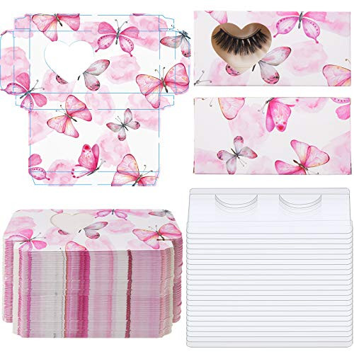 100 Pieces Empty Eyelashes Packaging Box Paper Lash Storage Eyelash Holder Case Eyelashes Container with Tray for False Eyelash Care Cosmetic Tools -Pink Butterfly Pattern-