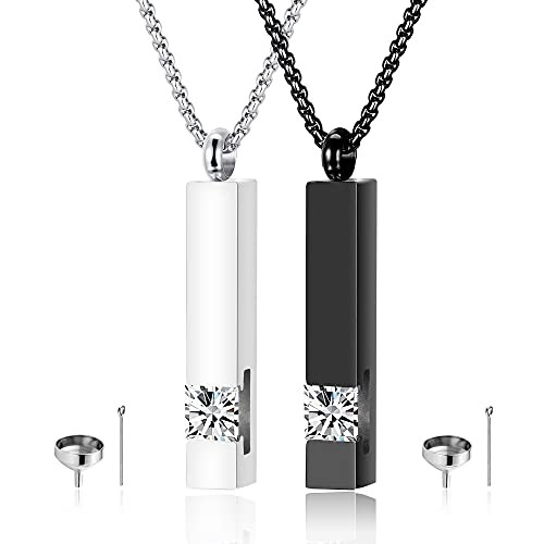 MOROTOLE 2 Pcs Urn Necklaces for Ashes Memorial Cremation Urn Necklace Stainless Steel Black Silver Tone Bar Pendant Necklace Ashes Keepsake Jewelry with Cubic Zirconia