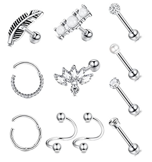 Thunaraz 11Pcs Ear Cartilage Earring Hoops for Women Tragus Helix Conch Piercing CZ Barbell Stud Body Piercing Jewelry 16G Thunaraz 11Pcs Ear Cartilage Earring Hoops for Women Tragus Helix Conch Piercing CZ Barbell Stud Body Piercing Jewelry 16G
