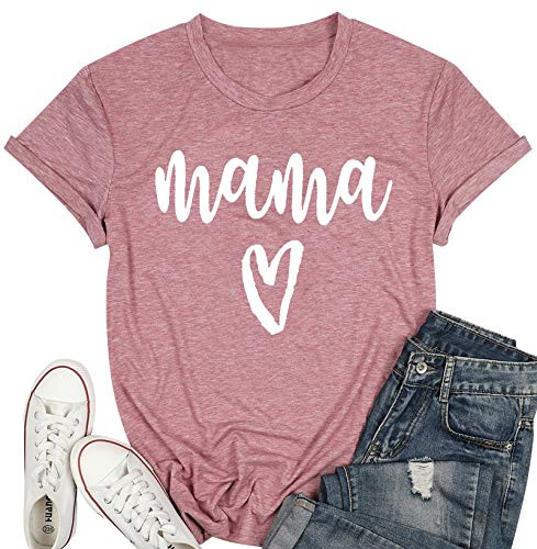 KIDDAD Mama Tshirt Womens Mama Heart Graphic Shirts Mom Letter Printed T-Shirt Funny Short Sleeve Tops Blouse -Light Pink M-