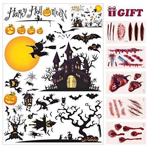 JVIGUE Happy Halloween Wall Decals Pumpkins Spooky Cemetery Witch and Bats Tomb Wall Stickers for Halloween Decoration
