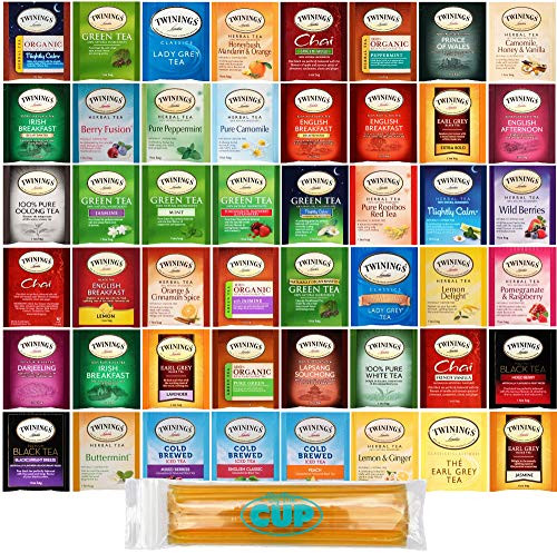 Twinings Tea Bag Sampler Gift Pack, 48 Count Assortment Includes Organic, Green, Black, Herbal, Earl Grey, English Breakfast, Decaf, Camomile, Chai Tea and More with By The Cup Honey Sticks