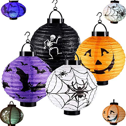 Halloween Paper Lanterns Jack-o'-Lantern Spider Bat Skeleton Lantern with Led Lightfor Halloween Party Decor Lanterns Halloween Pumpkin Lantern-Batteries not Included- -Multi-Colored-