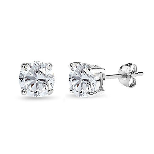 Sterling Silver Synthetic White Sapphire 7mm Round-Cut Solitaire Stud Earrings