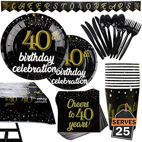 142 Piece 40th Birthday Party Supplies Set Including Banner, Plates, Cups, Napkins, Tablecloth, Spoon, Forks, and Knives, Serves 20