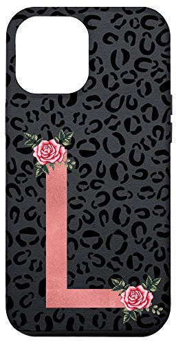 iPhone 12 Pro Max Black Leopard Cheetah Letter L Initial Monogram Pink Rose Case
