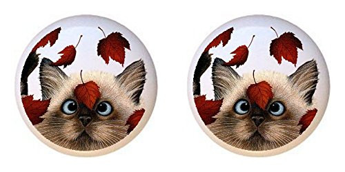 SET OF 2 KNOBS - Falling Leaves Kitty Cat - Cats - DECORATIVE Glossy CERAMIC Cupboard Cabinet PULLS Dresser Drawer KNOBS