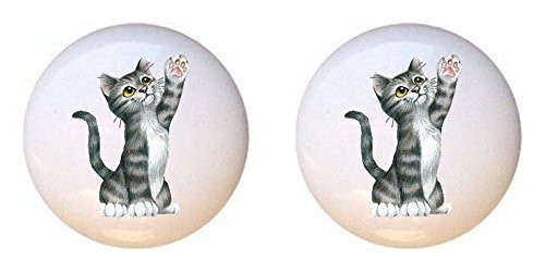 SET OF 2 KNOBS - High Five Cat - Cats - DECORATIVE Glossy CERAMIC Cupboard Cabinet PULLS Dresser Drawer KNOBS