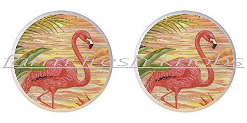 SET OF 2 KNOBS - Flamingo exo100 - Flamingos - DECORATIVE Glossy CERAMIC Cupboard Cabinet PULLS Dresser Drawer KNOBS