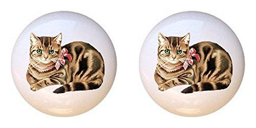 SET OF 2 KNOBS - Cat 012 - Cats - DECORATIVE Glossy CERAMIC Cupboard Cabinet PULLS Dresser Drawer KNOBS