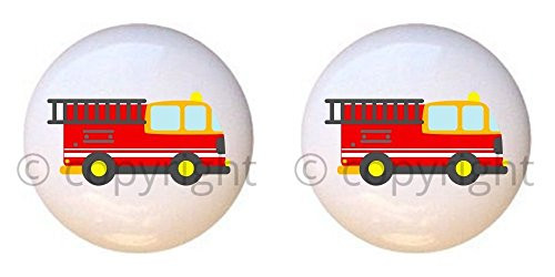 SET OF 2 KNOBS - Firetruck Fire Engine - Transportation II by PP - DECORATIVE Glossy CERAMIC Cupboard Cabinet PULLS Dresser Drawer KNOBS