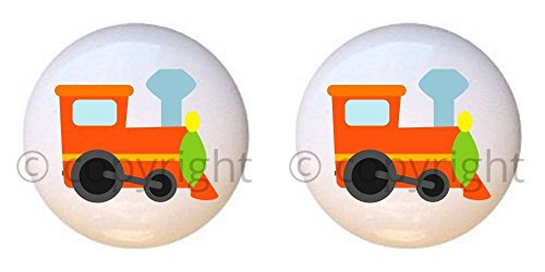 SET OF 2 KNOBS - Train Engine - Transportation I by PP - DECORATIVE Glossy CERAMIC Cupboard Cabinet PULLS Dresser Drawer KNOBS