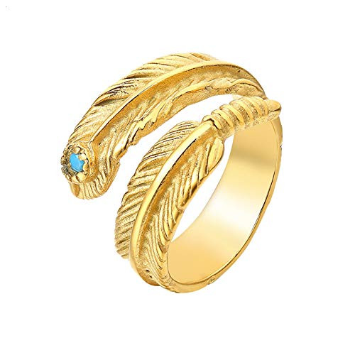 Oakky Unisex Men's Women's 316l Stainless Steel Ring Vintage Punk Cubic Zirconia Feather Wrap Gold with Blue Gemstone Size 7