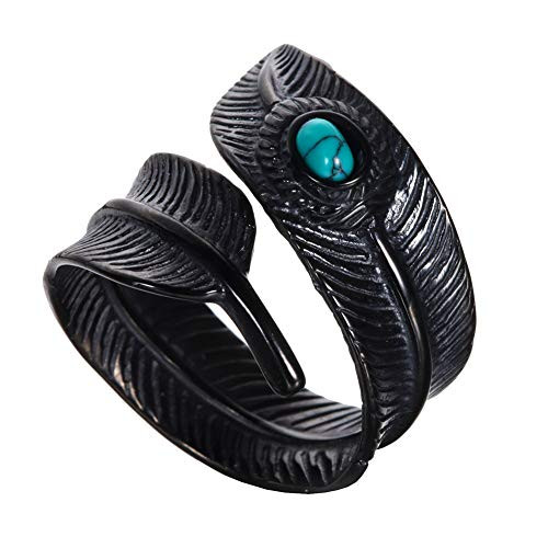 Oakky Men's Stainless Steel Gemstone Vintage Feather Wrap Ring Gemstone Inlay Black Size 7