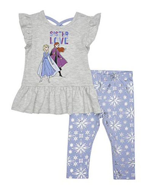 Disney Girls Frozen Anna and Elsa T-Shirt and Capri Legging Pants Set - 2Pack Grey 6