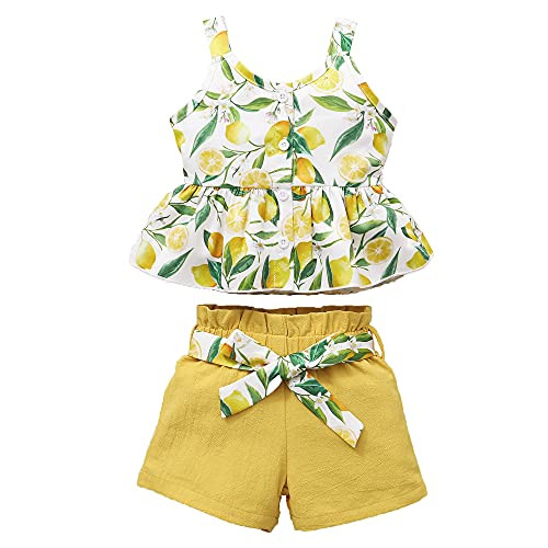 Kucnuzki Toddler Baby Girl Clothes Summer Outfits Ruffle Sleeveless Linen Shirt Kid Short Set for Girl -2-3T Yellow-