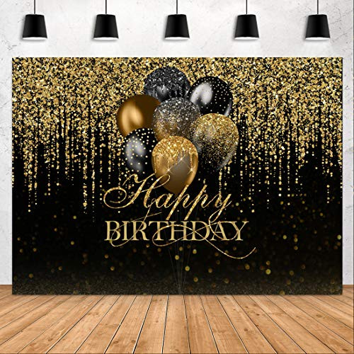 Aperturee 7x5ft Happy Birthday Backdrop Glitter Black and Gold Bokeh Balloons Golden Sparkle Sequin Spots Photography Background Adult Women Girl Banner Party Decoration Photo Booth Studio Cake Table Aperturee 7x5ft Happy Birthday Backdrop Glitter Black and Gold Bokeh Balloons Golden Sparkle Sequin Spots Photography Background Adult Women Girl Banner Party Decoration Photo Booth Studio Cake Table