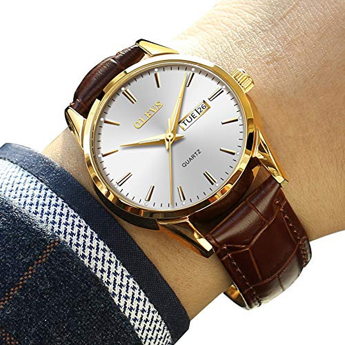 Mens Dress Wrist Watches,Classic Casual Watches for Men,Men's Luxury Business Quartz Watch with Date and Day White Dial Brown Leather Watch,Rose Gold Mens Watches(Luminous-Silver)