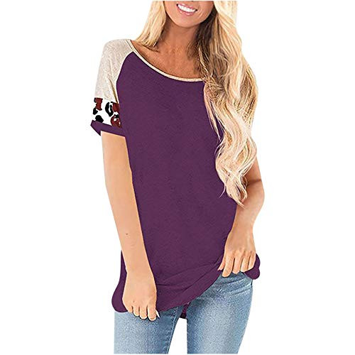 Summer Tops for Women Womens Short Sleeve Shirts Leopard Splicing Casual O-Neck Loose T-Shirt Pullover Tops Blouses Purple