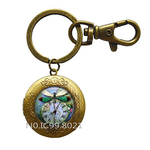 Steampunk Dragonfly Locket Keychain Fashion dragonfly clock jewelry Green steampunk garden Locket Keychain Clock and dragonfly jewelry Clock Locket Keychain.xt237 -B-