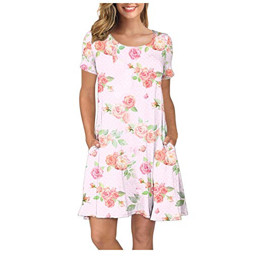 Wirziis Summer Dress for Women O-Neck Floral Print Short Sleeve Dresses Short Swing T Shirt Dress Pink Wirziis Summer Dress for Women O-Neck Floral Print Short Sleeve Dresses Short Swing T Shirt Dress Pink
