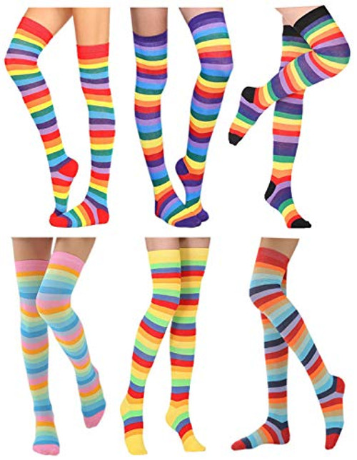 6 Pair Rainbow Stripes Knee High Socks Long Thigh Socks Halloween Witch Cosplay Stocking Women Girl -Rainbow Stripes-Over Knee-- 6 Pair Rainbow Stripes Knee High Socks Long Thigh Socks Halloween Witch Cosplay Stocking Women Girl -Rainbow Stripes-Over Knee--
