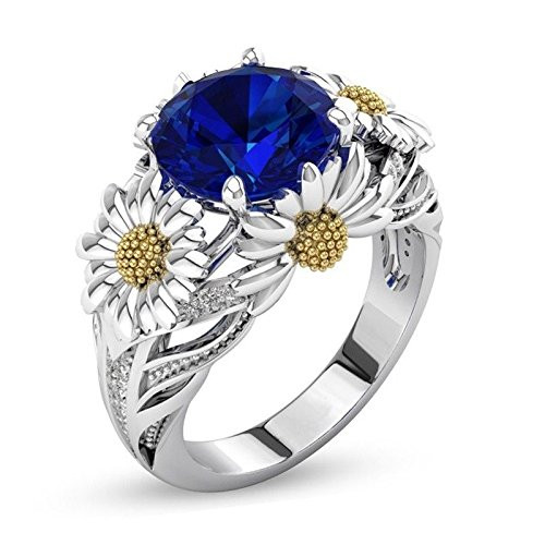 siamsmilethailandshop Women's Fashion 925 Silver Sapphire Gold Flower Ring Wedding Bridal Jewelry Gift -7-