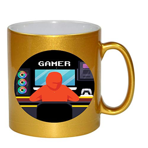 Gamer 11 ounce Gold Ceramic Coffee Mug Tea Cup by M and R