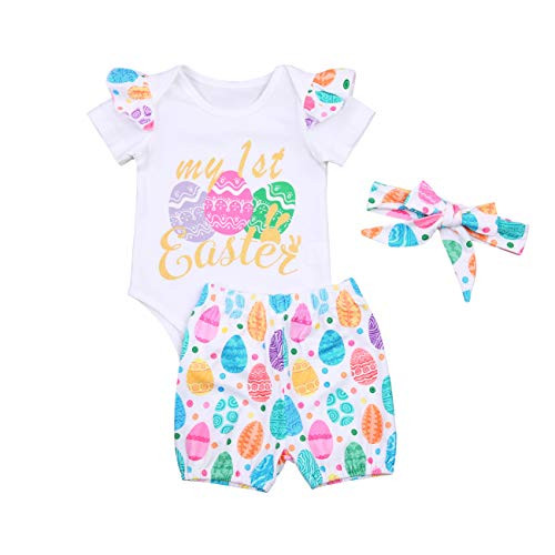 Newborn Baby Girl Easter Outfits My First Easter Short Sleeve Romper plusRabbit Print Shorts Set plusHeadband 3Pcs Baby Girl Easter Clothes -My 1St Easter A 12-18 Months-